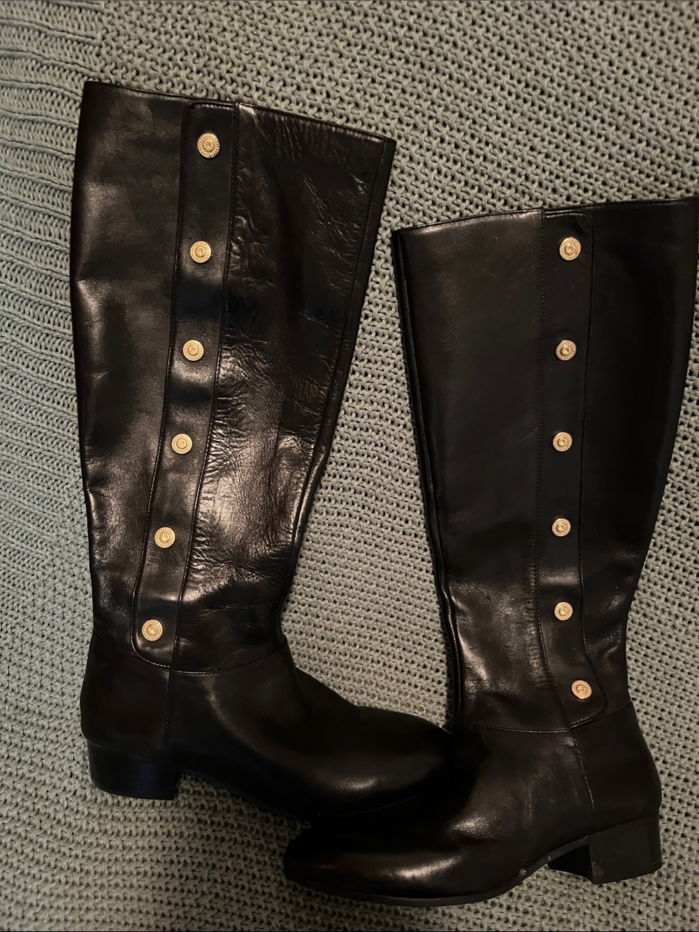 Nine West black Leather Boots with Gold Button Trim